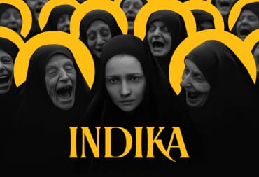 Key art for the Indika review, which shows Indika looking uncertain amid a crowd of laughing nuns