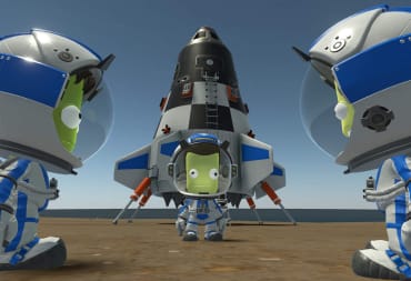Three Kerbals in space suits standing in front of a rocket in Kerbal Space Program 2, an Intercept Games title