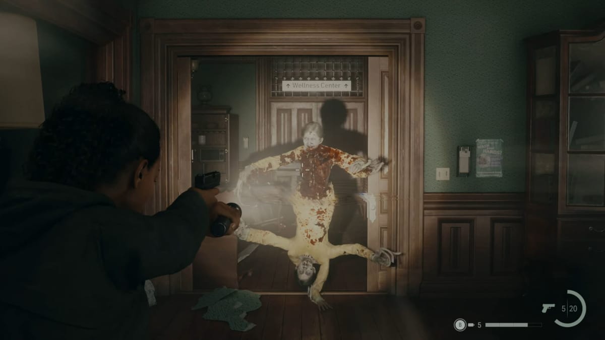 Saga aiming her gun at an enemy in the Valhalla Nursing Home mission in Alan Wake 2