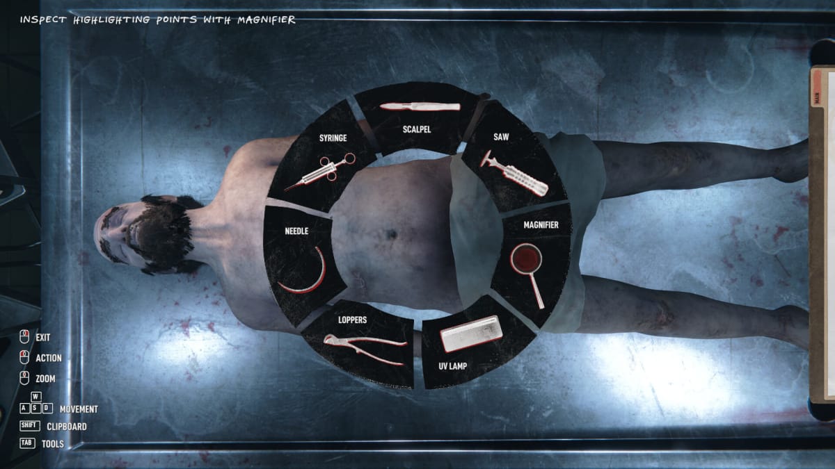 A corpse lying on a table with a circular menu of autopsy tools in Autopsy Simulator