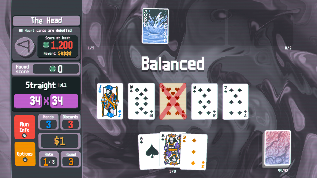 An in-game screenshot of Balatro, showcasing a plasma deck hand being played, which balances the score.