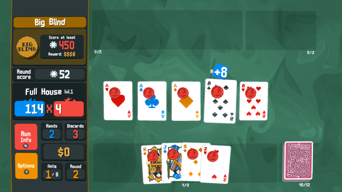 An in-game screenshot of Balatro, showcasing a full house hand being played, with all the cards having red wax seals on them.