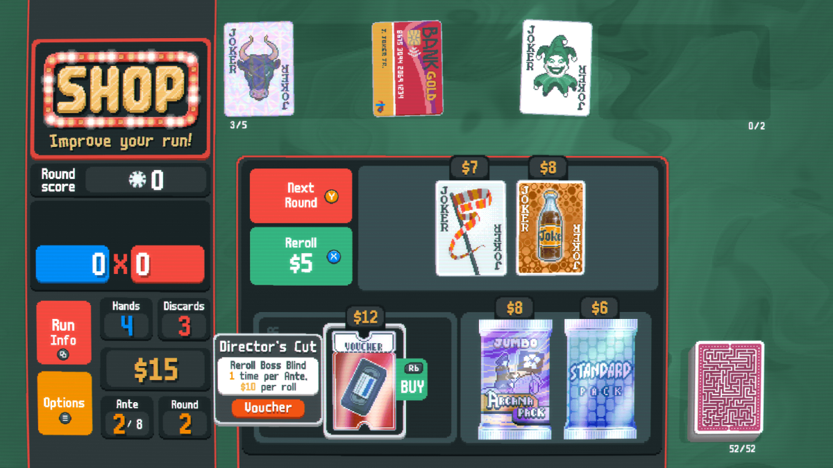 An in-game screenshot of Balatro, showcasing the shop selling various packs and a voucher.