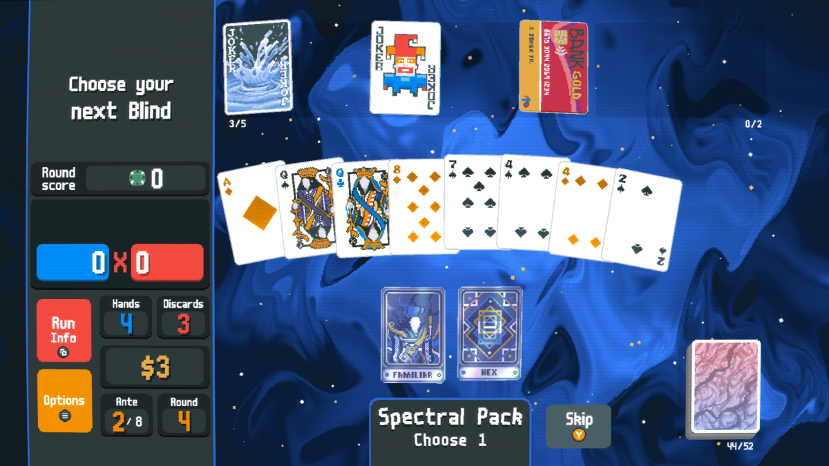 An in-game screenshot of Balatro, showcasing the contents of a spectral pack.