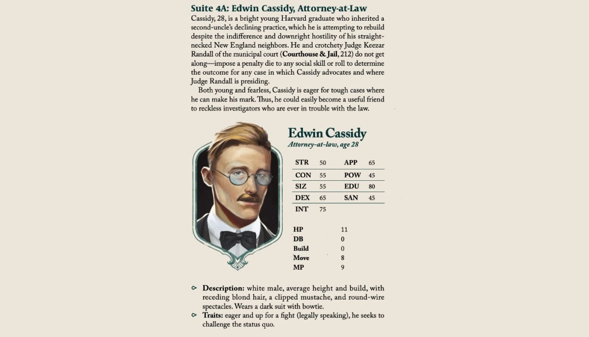 An image from our Call of Cthulhu: Arkham review depicting an entry about the lawyer Edwin Cassidy