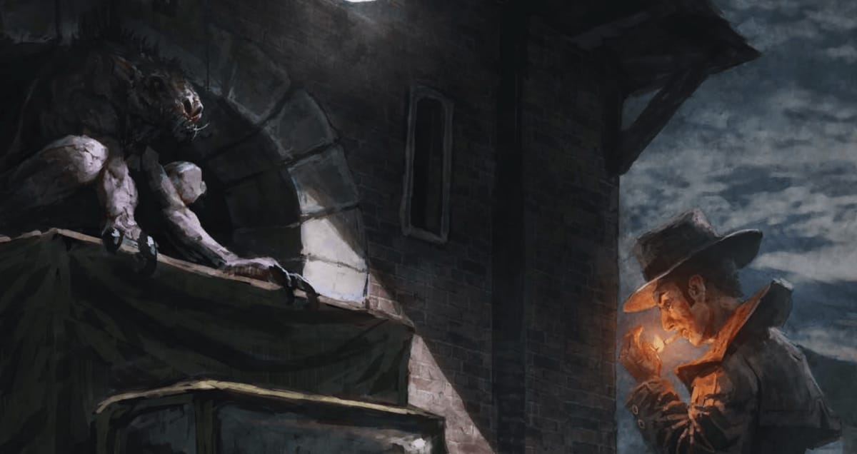An image from our Call of Cthulhu: Arkham review depicting an investigator unaware of a monster lurking above him.
