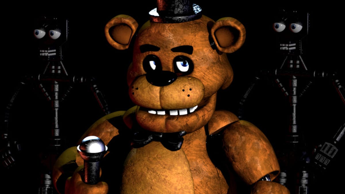 A close-up of Freddy with two animatronic skeletons in the background in Five Nights at Freddy's