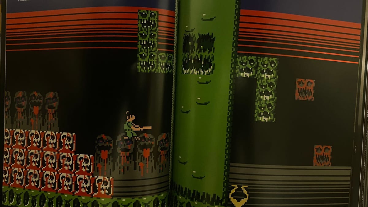 A two-page spread-shot introduction of the NES platformer Monster Party, showcasing the character standing next to a goo-covered cactus with a shocked face.