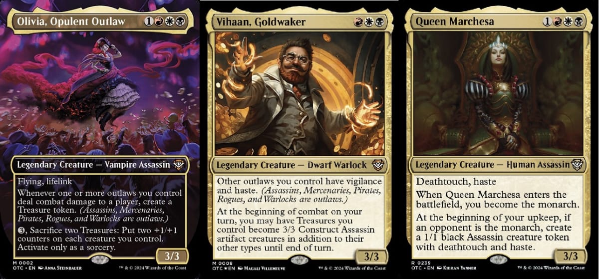 Olivia, Opulant Outlaw, Vihaan, Goldwaker, and Queen Marchesa