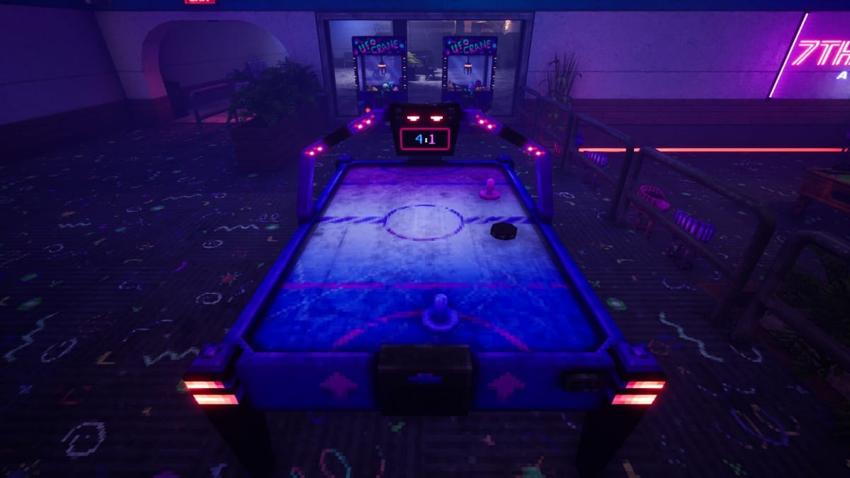 A look at interactable elements in Phantom Fury like with this air hockey table.