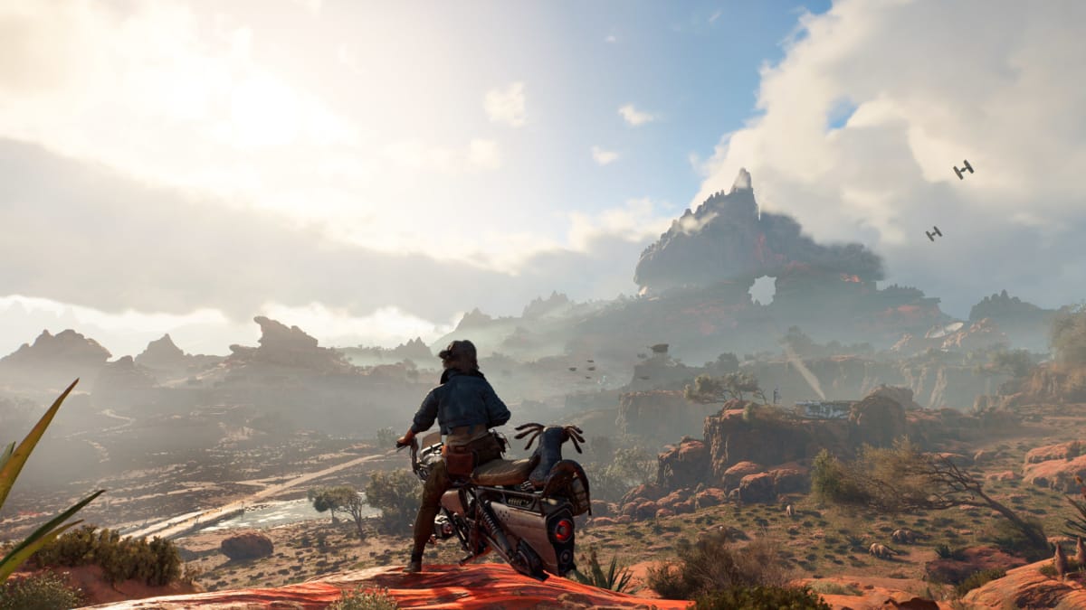 Kay looking out over a huge planet vista on her bike in Star Wars Outlaws