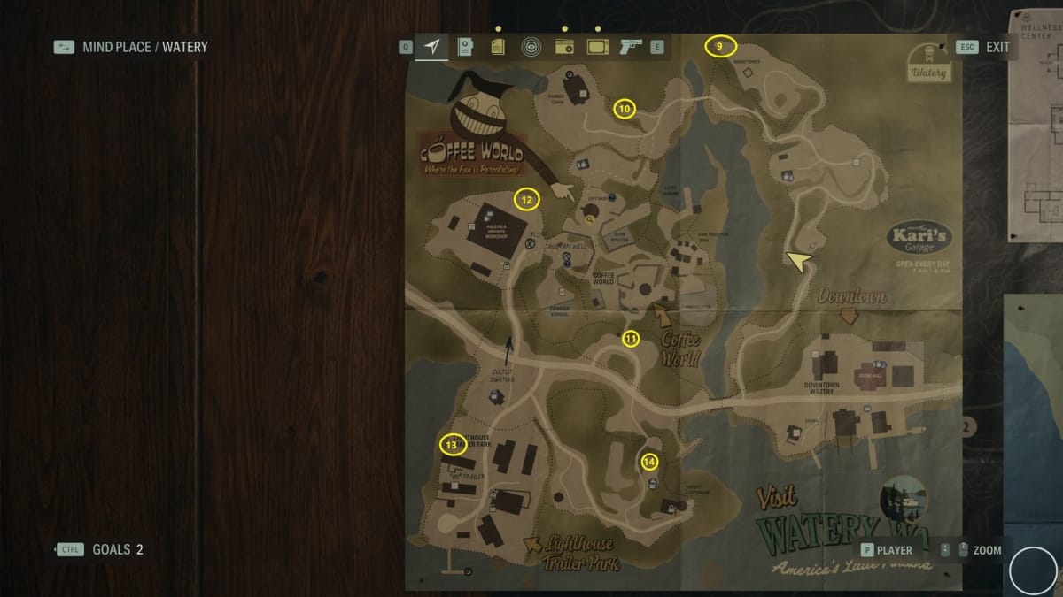 A map of every alex casey lunchbox location in Watery in alan wake 2