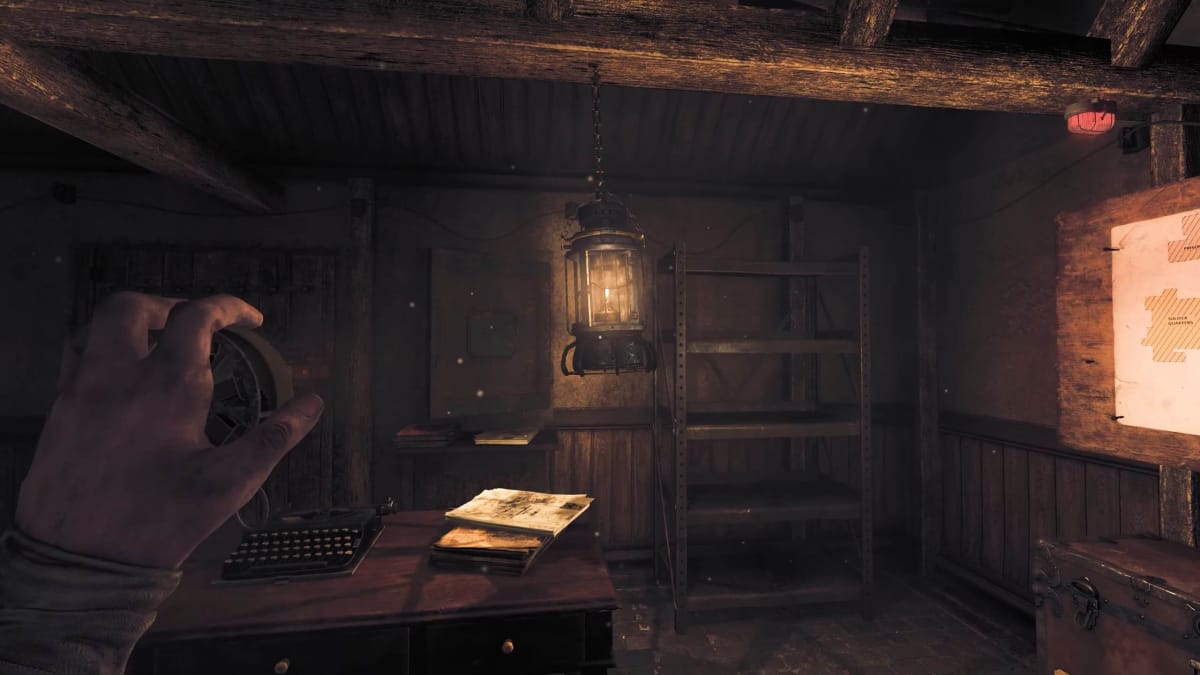 The safe room, complete with its familiar lantern, in Amnesia: The Bunker
