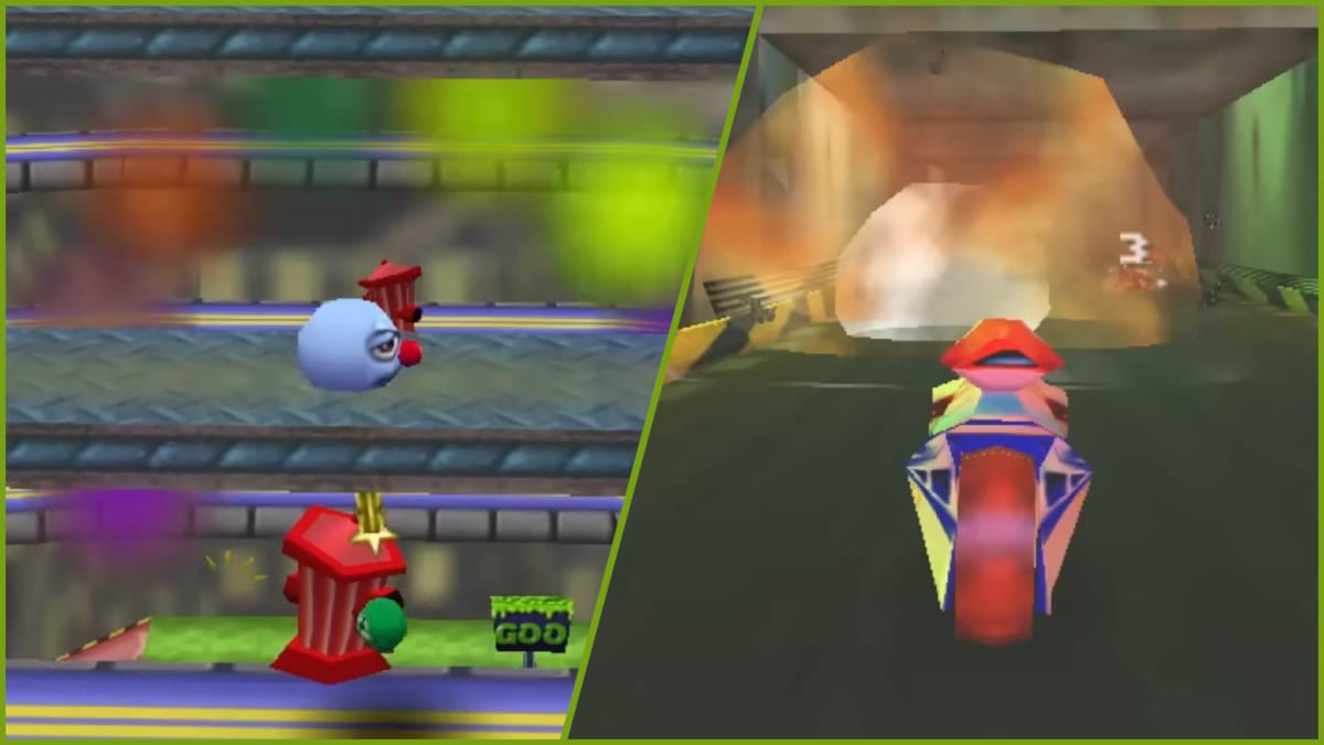 Screenshots of the two new Nintendo Switch Online N64 games - Extreme-G and Iggy's Reckin' Balls - next to one another