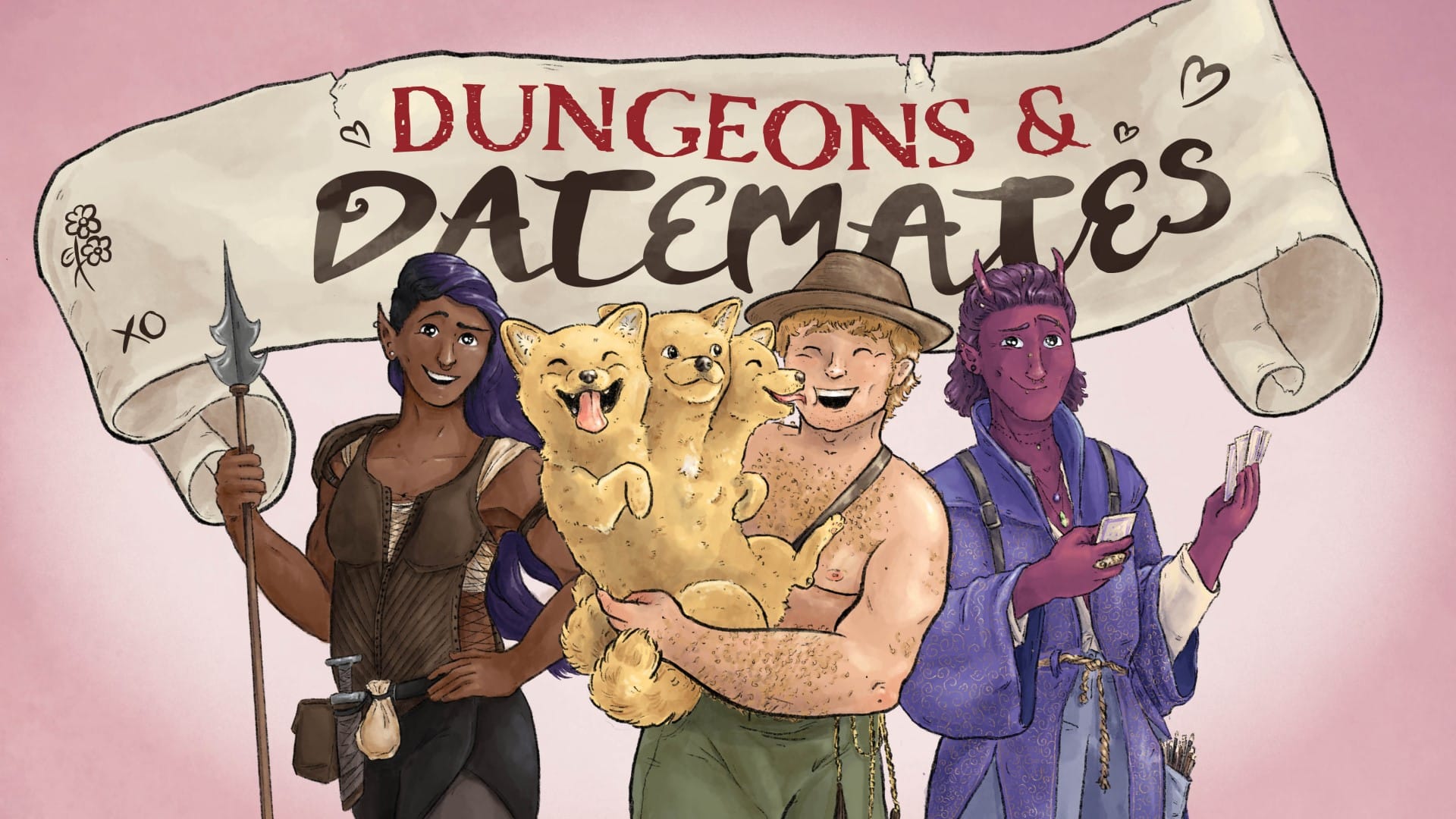Promo image of Dungeons & Datemates, showing a woman with a spear, a man holding a cerberus puppy, and a nonbinary tiefling in a robe.