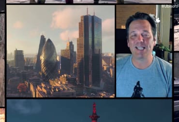 Phil Spencer speaking next to footage of Watch Dogs Legion