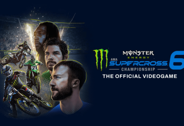 The cover for Monster Energy Supercross 6, showcasing illustrated headshots of 3 Motocross riders next to a race in progress.