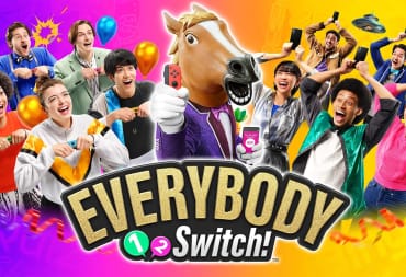 Key art for Everybody 1-2 Switch!, which shows several players and a man in a terrifying horse mask