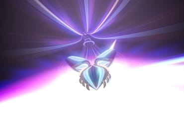 An in-game screenshot of Thumper, with a flying beetle hovering above a pool of light surrounded by purple streams.