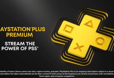 Yellow Playstation Logo to the right of text saying PlayStation Plus Premium Stream The Power of PS5