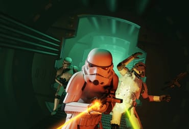Stormtroopers lining up in a corridor to shoot at the player in Star Wars: Dark Forces Remaster