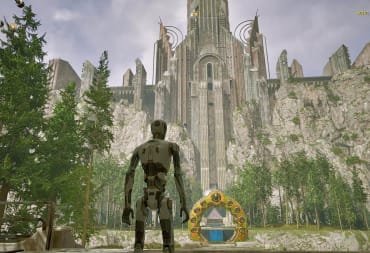 The player character, 1K, stares at a large building that looks like a medieval castle in The Talos Principle 2