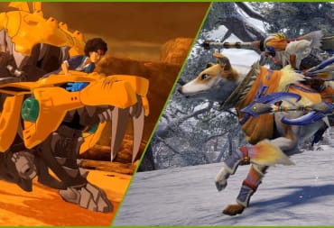 A character riding a mech in Zoids next to a character riding a dog-like animal mount in Monster Hunter Rise