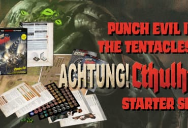 A promo image of the Achtung! Cthulhu starter set, showing character sheets, and tokens, a green tentacled monster can be seen in the background.