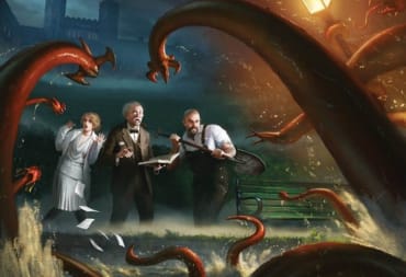 Artwork from the game Arkham Horror, showing a tentacled monster rising from a body of water, terrorizing a group of investigators.