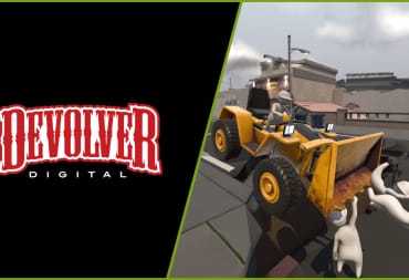 The Devolver Digital logo next to a shot of characters causing havoc with building equipment in Human Fall Flat 2