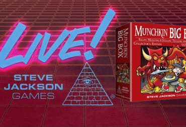 Promo Image of the Munchkin Big Box Backerkit campaign, showing box art alongside the word "Live!" in large letters.