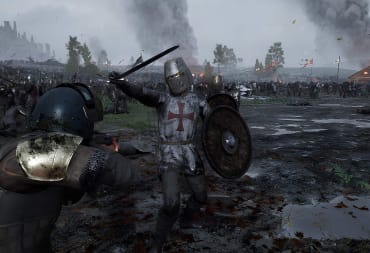 A player aiming a gun at a knight in armor in the tinyBuild game Kingmakers