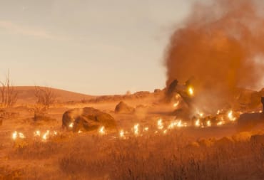 A Helldivers 2 dropship crashing and burning in the plains, setting fire to the area 