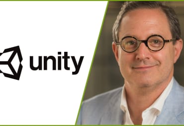 The Unity logo next to a picture of its new CEO Matthew Bromberg