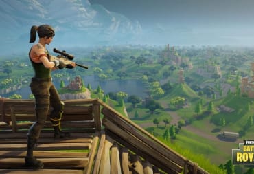 Fortnite Battle Royale screenshot showing a Soldier Sniper looking down the scope of their gun across a wooded battlefield
